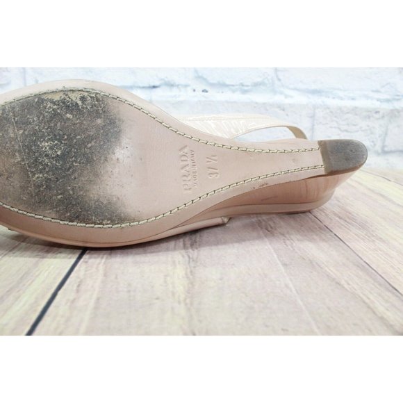 PRADA Nude Bow Leather Slingback Peep Toe Wedge Sandals Size EU 38 US 8 - Picture 8 of 12